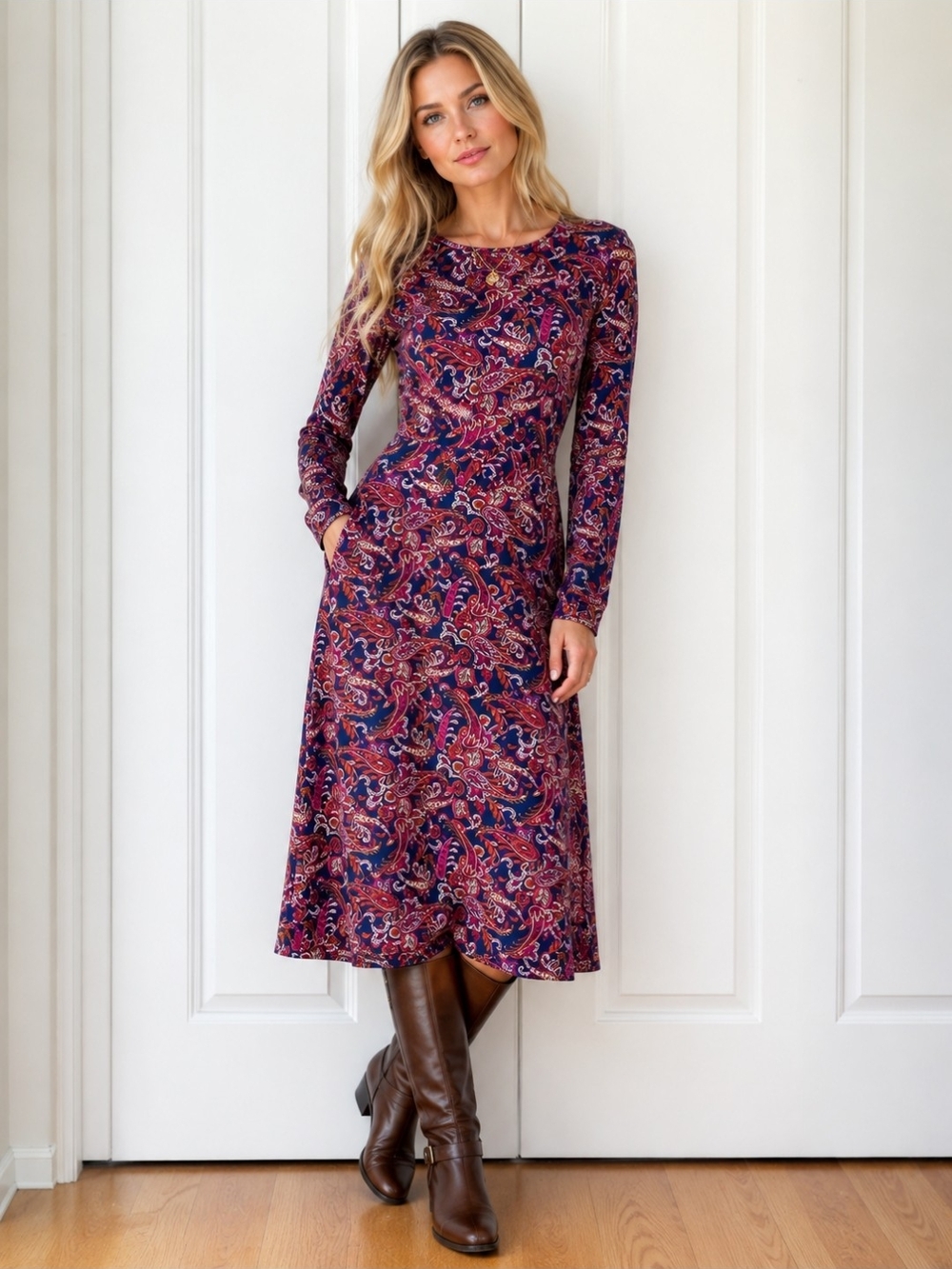 Boden Paisley Midi Dress US 6 Navy Equestrian English Countryside Fall Classic